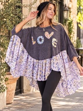 211.Easel LAST 3! Boho Lavender Patchwork "LOVE" Oversized Women’s Top